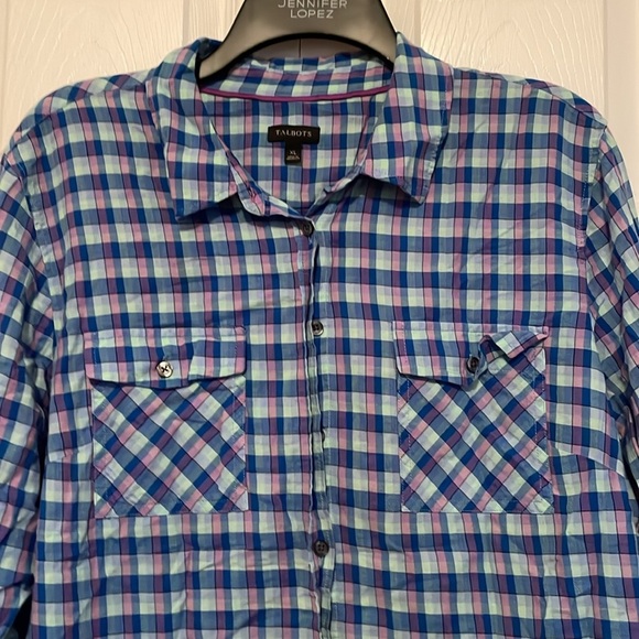 Women’s Talbots XL plaid button down blue pink white front pockets collar - Picture 1 of 8